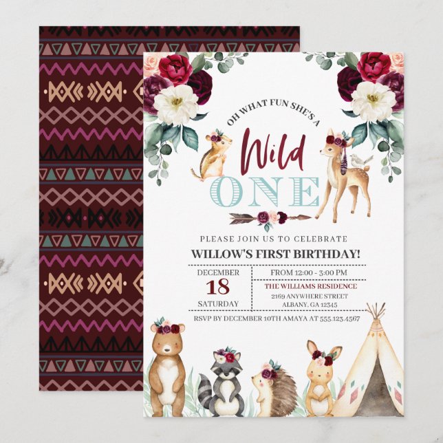 Boho Woodland Wild Einladung zum ersten Geburtstag (Vorne/Hinten)