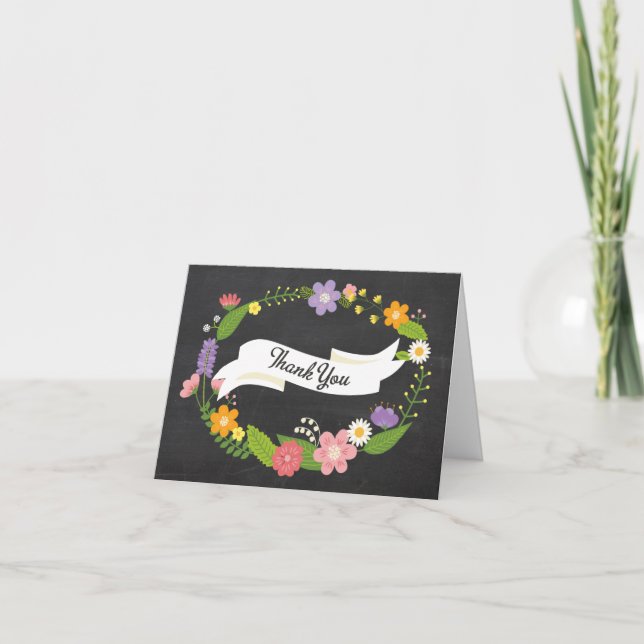 Boho Woodland Wreath auf Chalkboard Wedding Dankeskarte (Vorderseite)