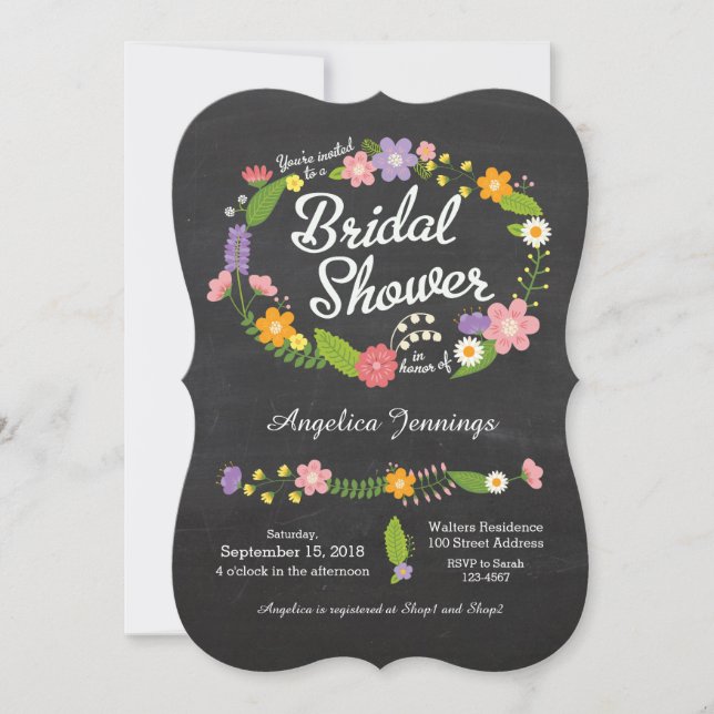 Boho Woodland Wreath auf Chalkboard Wedding Einladung (Vorderseite)