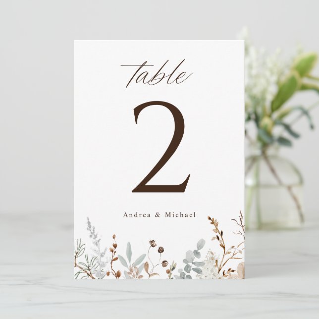 Boho Woodsy Field Wildblume Hochzeiten Tischnummer (Stehend Vorderseite)
