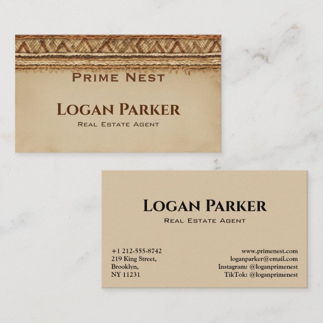 Boho Woven Texture Real Estate Business Card Visitenkarte (Vorne/Hinten)