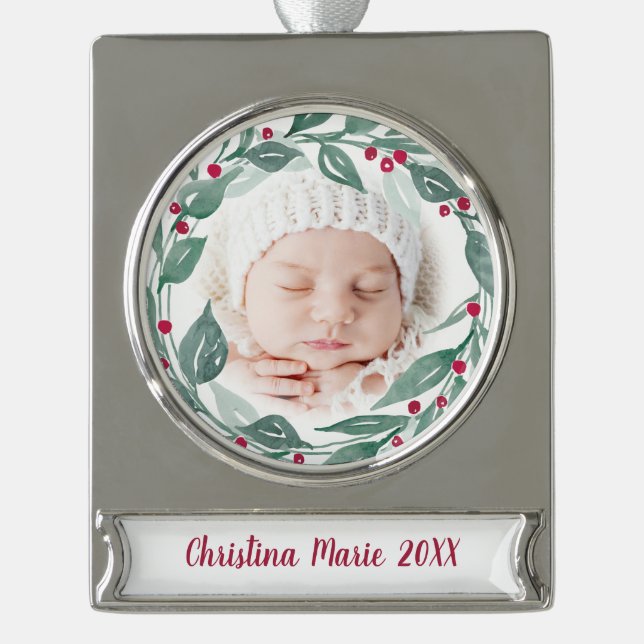 Boho Wreath Großeltern Erstes Weihnachtsfest Foto Banner-Ornament Silber (Vorderseite)