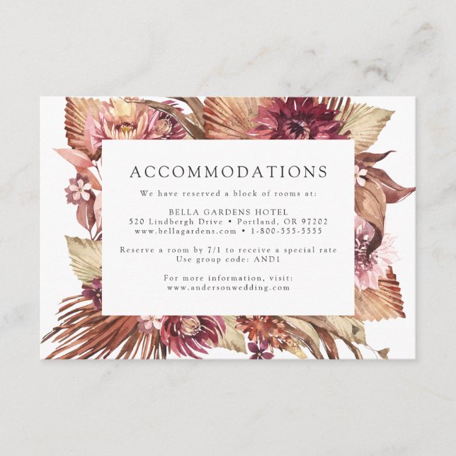 Boho Wüste Floral Wedding Hotel Unterkünfte Begleitkarte (Vorderseite)