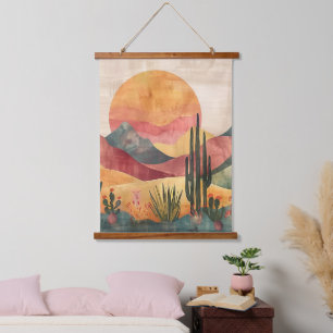 Boho Wüste Landschaft - Südwestliche Natur Wandteppich Mit Holzrahmen