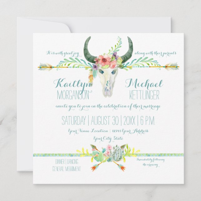 BOHO Wüste South West Wood Floral Cow Skull Arrow Einladung (Vorderseite)