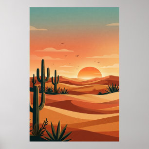 Boho-Wüsten-Sonnenuntergang-Dünen mit Kaktus und f Poster