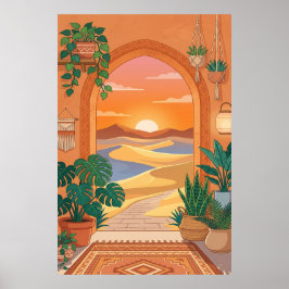 Boho-Wüsten-Torbogen-Sonnenuntergang mit Dünen, hä Poster