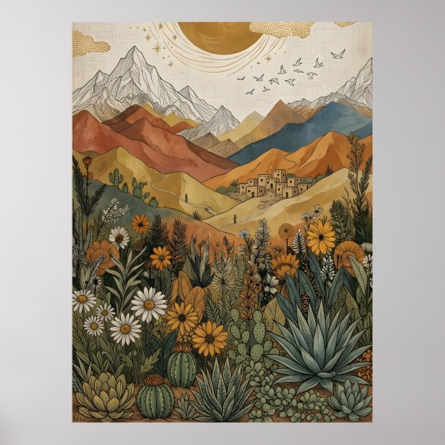 Boho-Wüstenberg-Kaktus-Pueblo-Sonne Poster (Vorne)