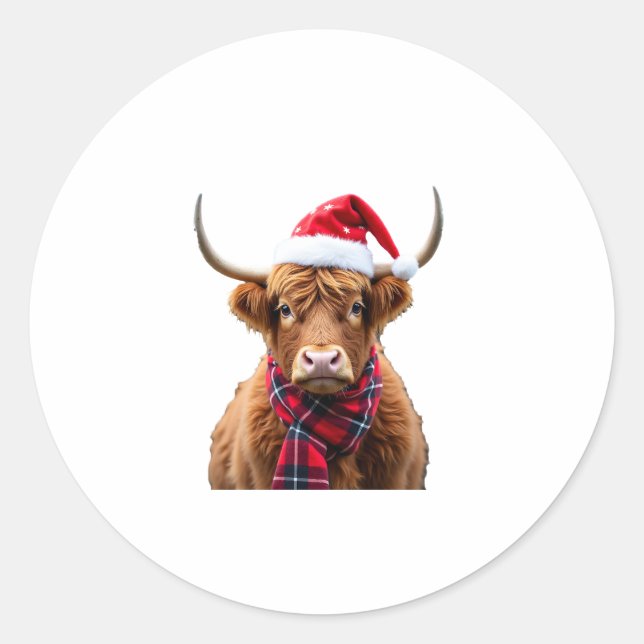 Boho Xmas Christmas Highland Cow T-Shirt (2) Runder Aufkleber (Vorderseite)