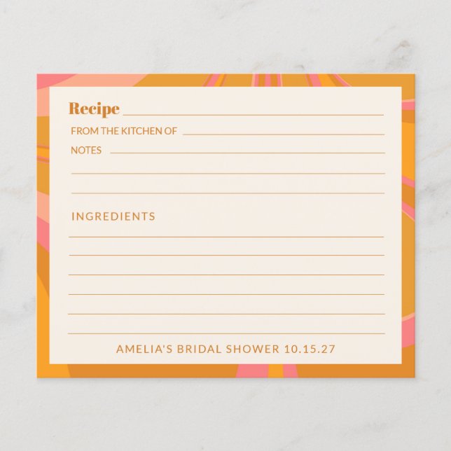 Boho Yellow Pink Marble Brautparty Rezept Karte (Vorderseite)