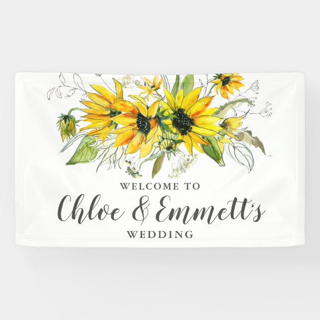 Boho Yellow Sunflower Blues Hochzeit Banner (Horizontal)