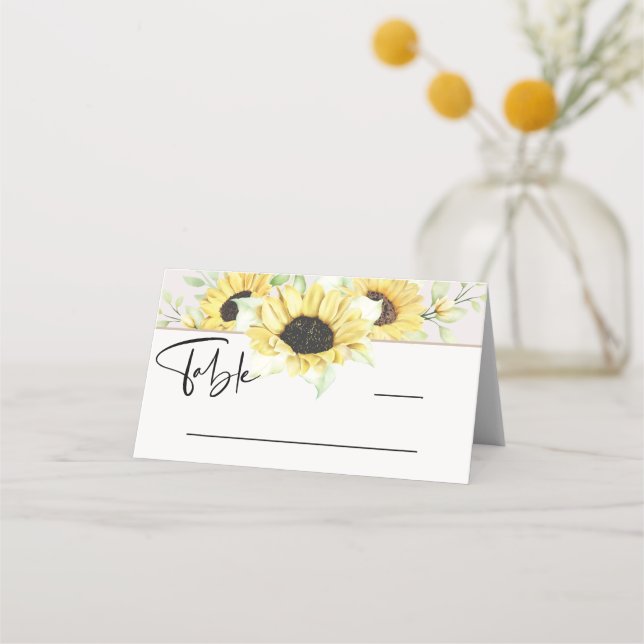 Boho Yellow Sunflower Calligraphy Platzkarte (Vorderseite)