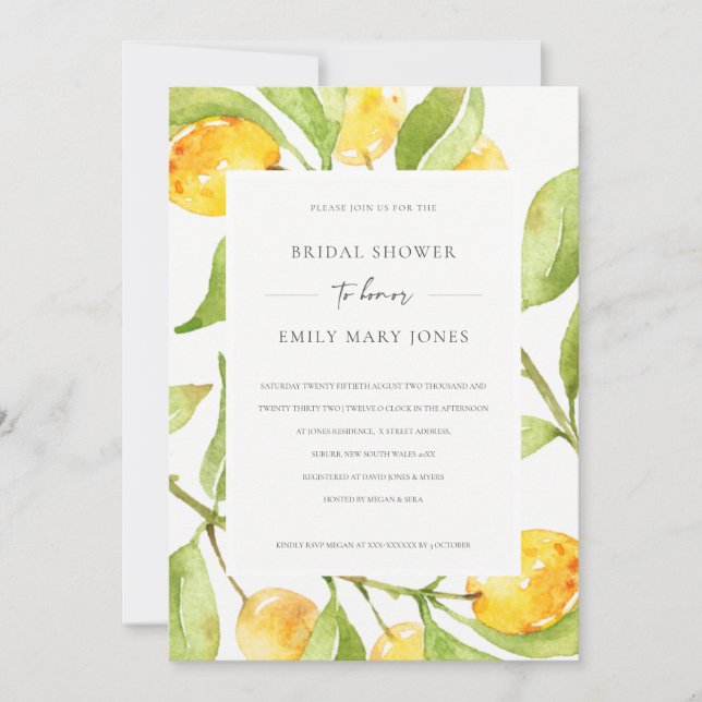 BOHO YELLOW WATERCOLOR FAUNA OLIVE BRAUTPARTY EINLADUNG (Vorderseite)
