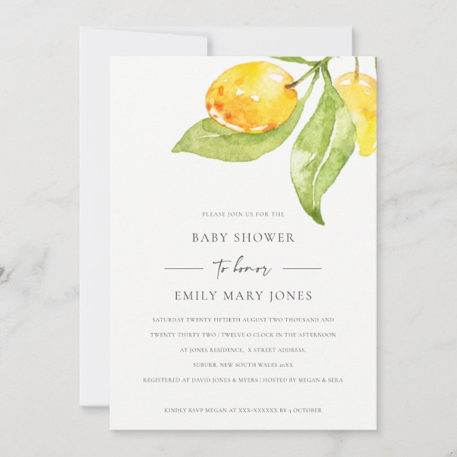 BOHO YELLOW WATERCOLOR FOLIAGE OLIVE BABY DUSCHE EINLADUNG (Vorderseite)