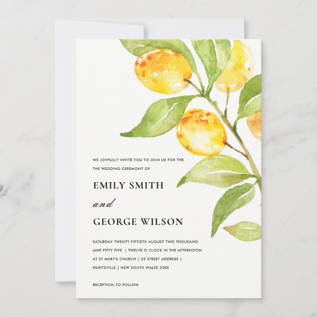 BOHO YELLOW WATERCOLOR FOLIAGE OLIVE WEDD EINLADUNG (Vorderseite)