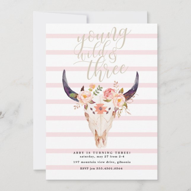 Boho Young Wild and Three Birthday Invitation (Devant)
