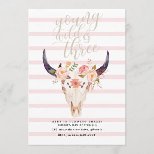 Boho Young Wild and Three Birthday Invitation