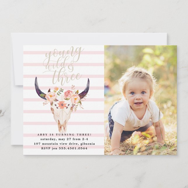 Boho Young Wild and Three Birthday Invitation (Devant)