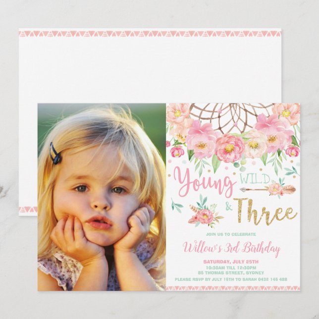 Boho Young Wild und Three 3. Birthday Girl Foto Einladung (Vorne/Hinten)