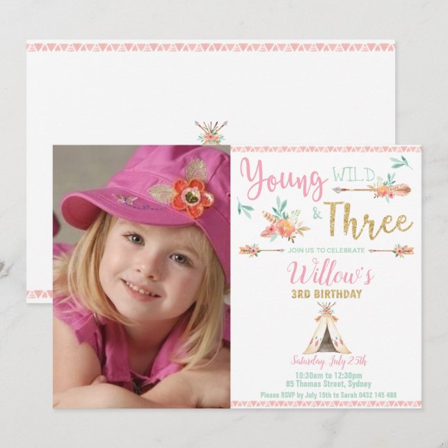 Boho Young Wild und Three 3 Birthday Girl Foto Einladung (Vorne/Hinten)