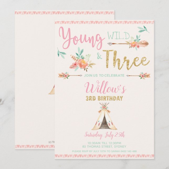 Boho Young Wild und Three 3. Birthday Party Girl Einladung (Vorne/Hinten)