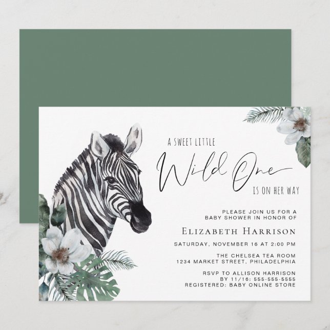 Boho Zebra Floral Watercolor Babydusche Einladung (Vorne/Hinten)