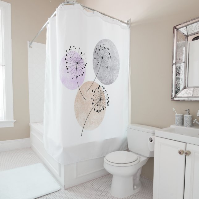 Boho Zen Dandelion Blume auf blauen, rosa Zirkeln Duschvorhang (Beispiel)