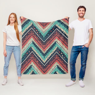 Boho Zickzack Pattern Aquamarin, Coral und Cream Fleecedecke