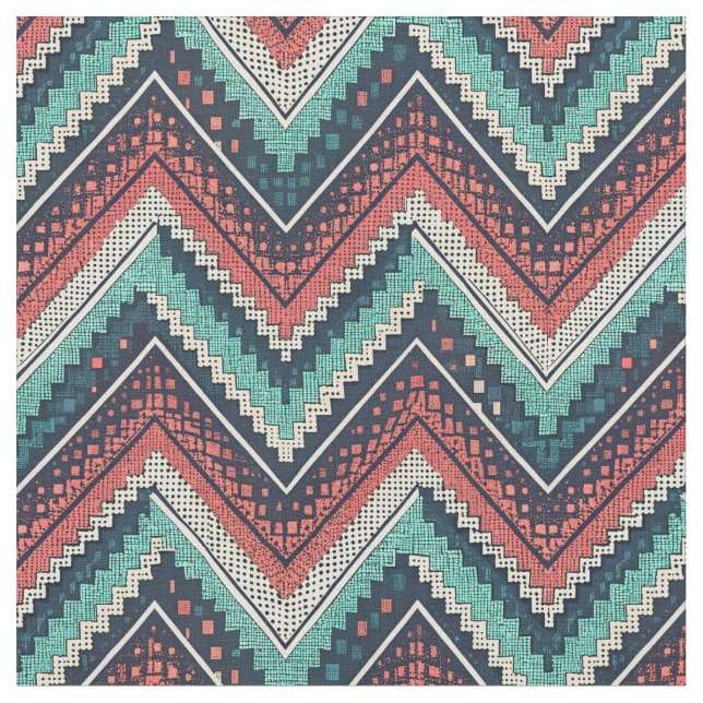 Boho Zickzack Pattern | Aquamarin, Coral und Cream Stoff (Nahaufnahme)