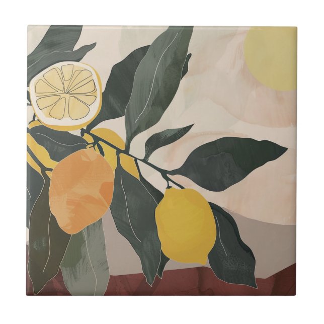 Boho-Zweig mit Zitrone und abstrakter Fruchtkunst Fliese (Vorderseite)