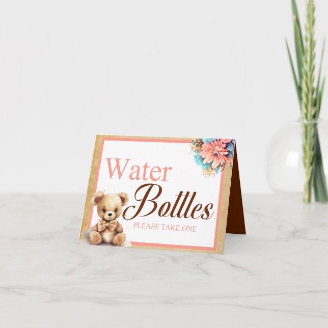 BohoPink Bear Baby Dusche Wasser Flasche Tisch Karte (Vorderseite)