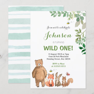 Bois animal 1er anniversaire Invitation garçon.