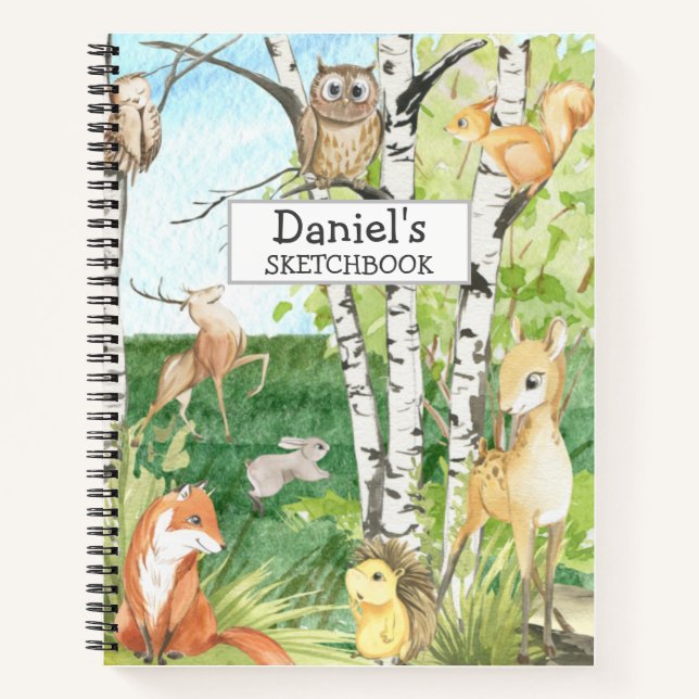 Bois Animaux Aquarelle Nom personnalisé Carnet de  (Devant)