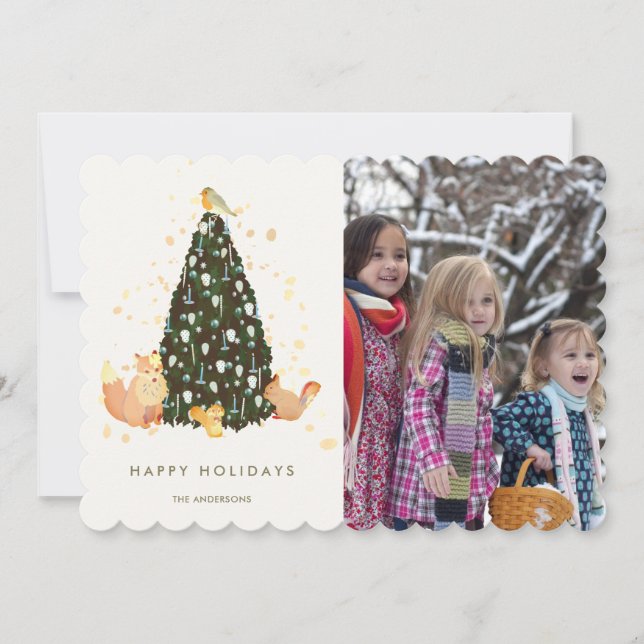 Bois Animaux Arbre de Noël Carte photo blanc (Devant)