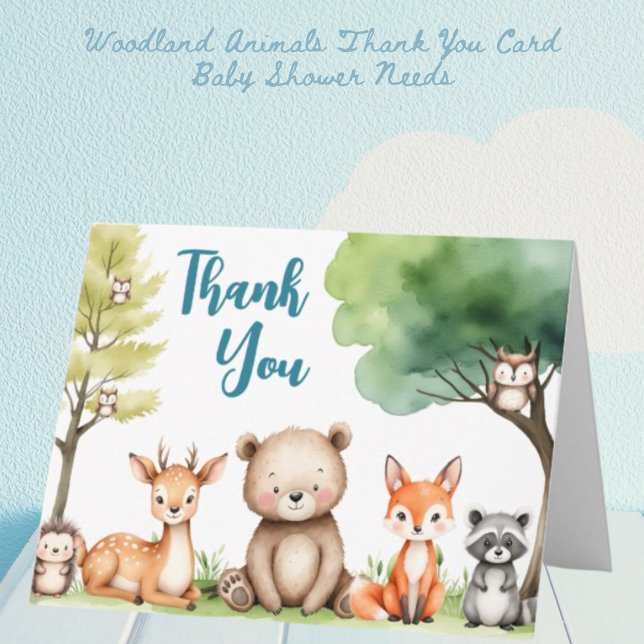 Bois Animaux Baby shower Bleu Carte de remerciemen (Créateur téléchargé)