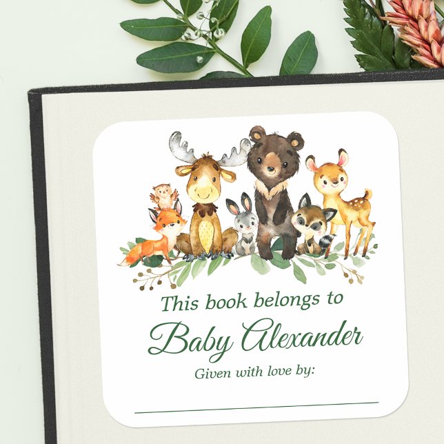 Bois Animaux Baby shower Bookplate Étiquette (Customize to change text size, color or text style.)