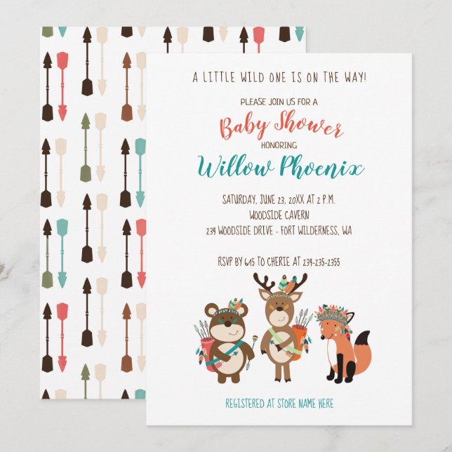 Bois Animaux Baby shower tribal Boho Invitation (Devant / Derrière)