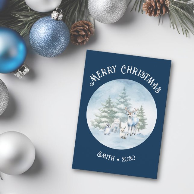 Bois Animaux Blue Christmas Appartement Carte de v (Woodland creatures Merry Christmas card in dark blue)