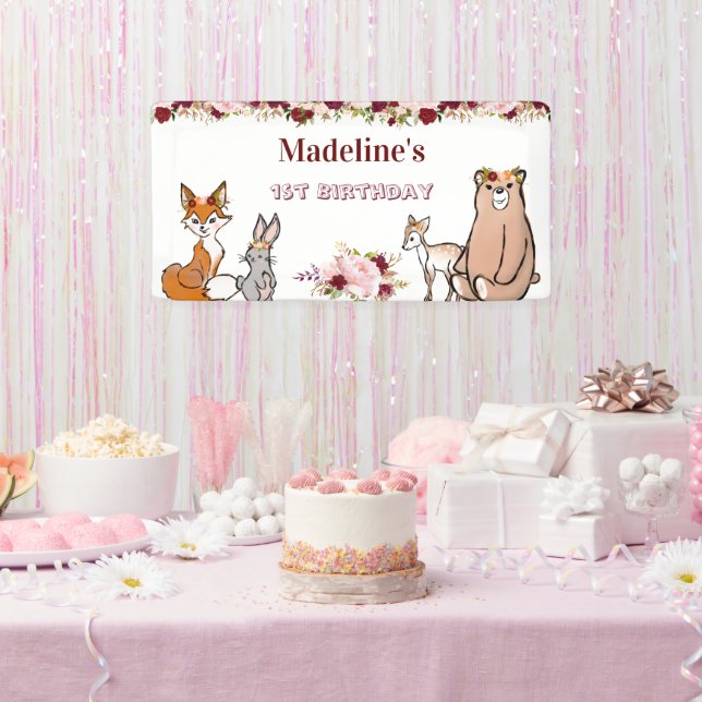 Bois Animaux Bourgogne & Bannière Florale Rose (Fête)