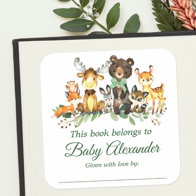 Bois Animaux Bow Baby shower Bookplate Étiquette (Customize to change text size, color or text style.)