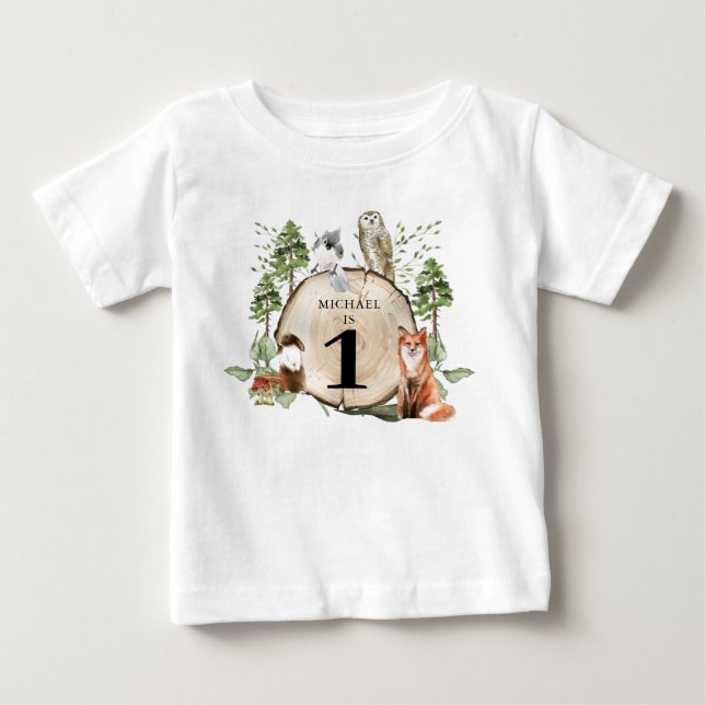 Bois Animaux Garçon 1er Anniversaire T-shirt (Devant)