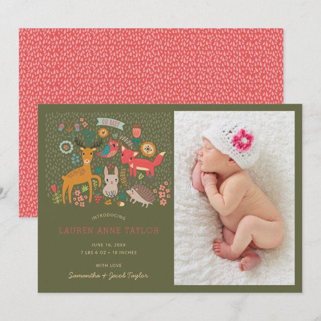 Bois Animaux Nouveau Faire-part de naissance bébé (Devant / Derrière)