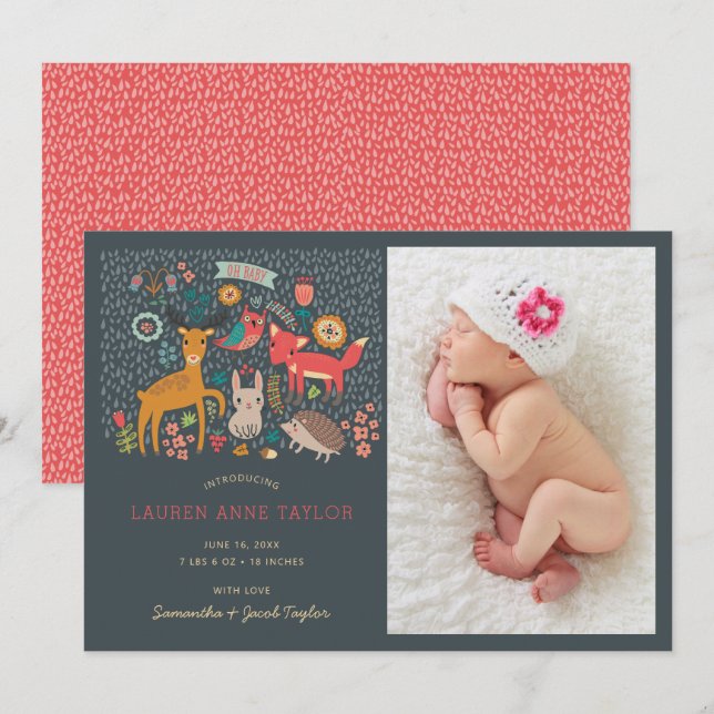 Bois Animaux Nouveau Faire-part de naissance bébé (Devant / Derrière)