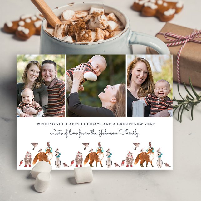 Bois Animaux Photo Fêtes de Noël Carte postale (Woodland Animals Photo Holiday Christmas Postcard)