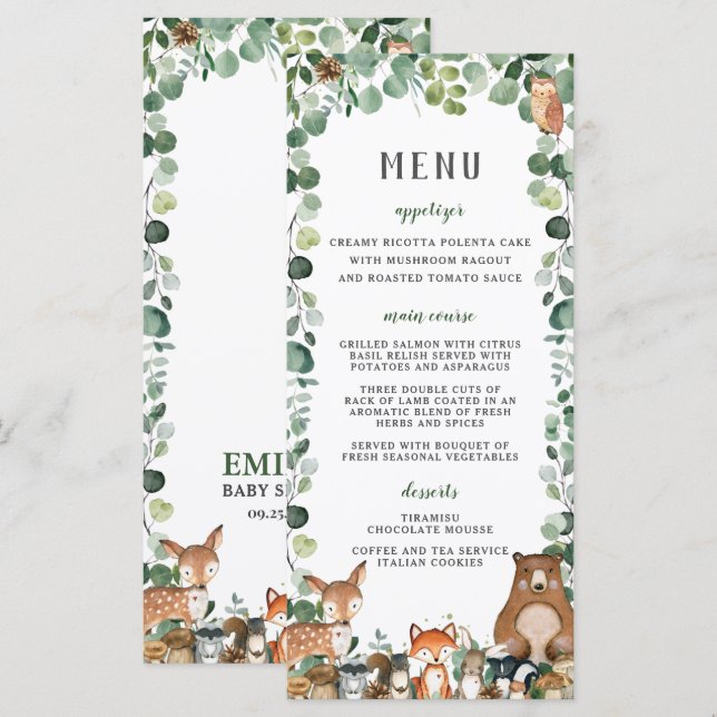 Bois Animaux Végétation Baby shower Party Menu (Devant / Derrière)