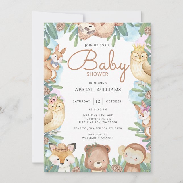 Bois Aquarelle Animaux Baby shower Invitation (Devant)