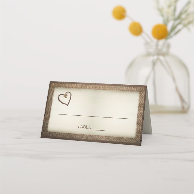 Bois, Burlap & Twine Heart Mariage Cartes de Place (Devant)