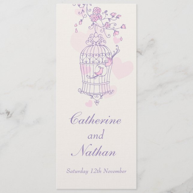 Bois cage violet rose mariage menu du dîner (Devant)