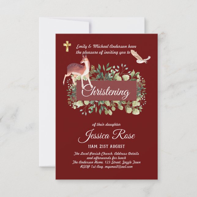 Bois Chouette Cerf Christening Invitations Baptême (Devant)