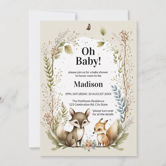 Bois Créatures Baby shower Invitation Aquarelle (Devant)